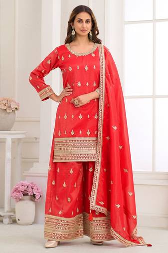 Red silk blend sequins work salwar suits free size up to 42