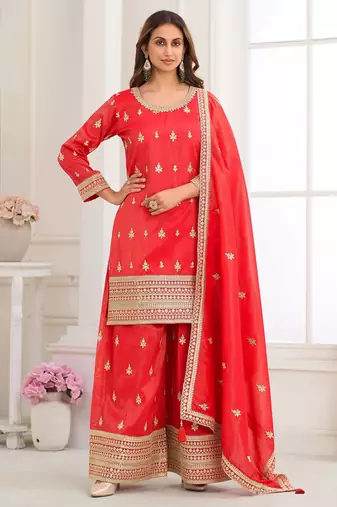 Red silk blend sequins work salwar suits free size up to 42
