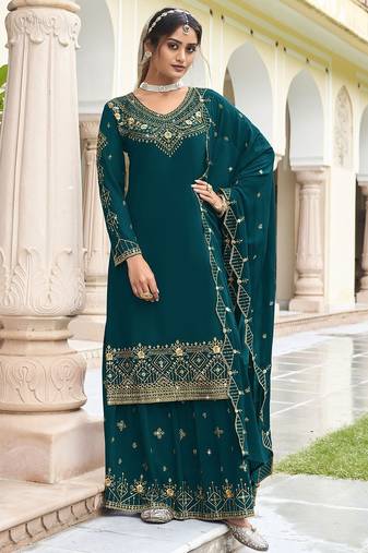Teal blue georgette sequins work semi stitched salwar suits suits size up to 42