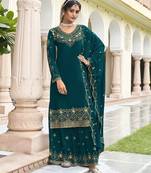 Teal blue georgette sequins work semi stitched salwar suits suits size up to 42