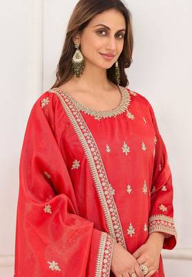 Red silk blend sequins work salwar suits free size up to 42 2
