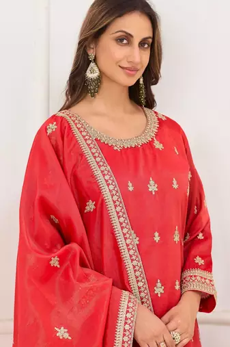 Red silk blend sequins work salwar suits free size up to 42