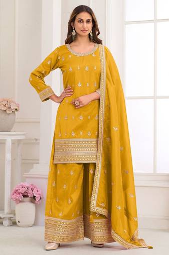 Yellow silk blend sequins work salwar suits free size up to 42