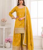 Yellow silk blend sequins work salwar suits free size up to 42