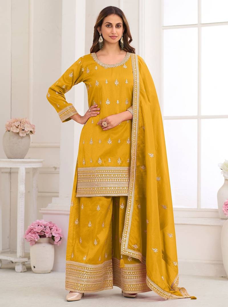 Yellow silk blend sequins work salwar suits free size up to 42