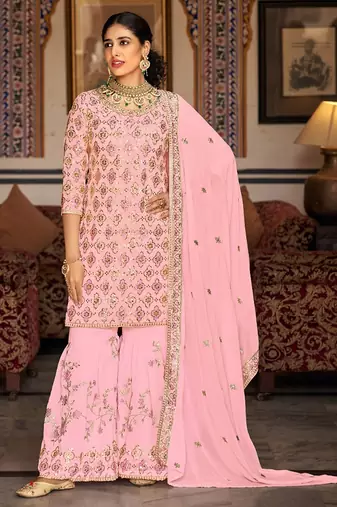 Pink georgette sequins work semi stitched salwar suits suits size up to 42