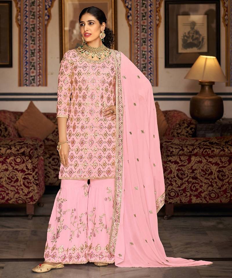 Pink georgette sequins work semi stitched salwar suits suits size up to 42