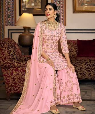 Pink georgette sequins work semi stitched salwar suits suits size up to 42 2