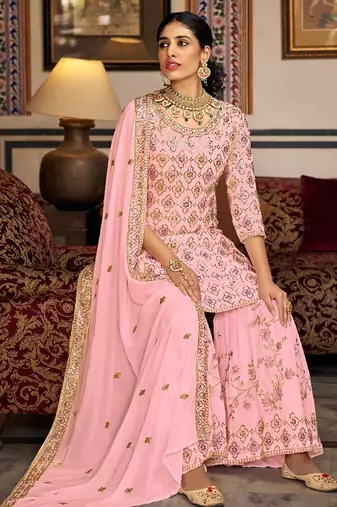 Pink georgette sequins work semi stitched salwar suits suits size up to 42