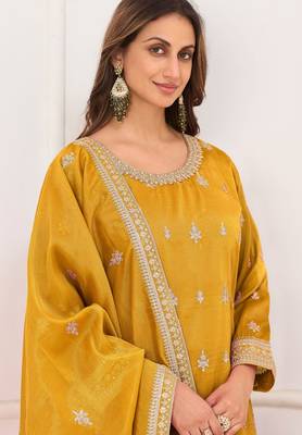 Yellow silk blend sequins work salwar suits free size up to 42 2