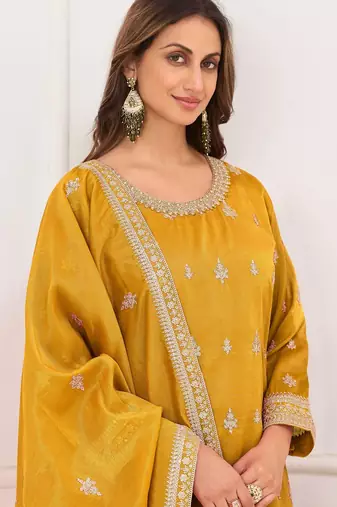 Yellow silk blend sequins work salwar suits free size up to 42