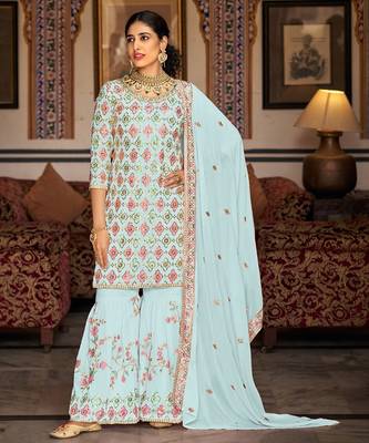 Light blue georgette sequins work semi stitched salwar suits suits size up to 42 1
