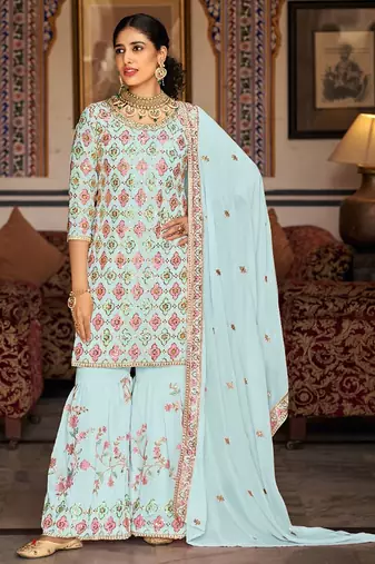 Light blue georgette sequins work semi stitched salwar suits suits size up to 42