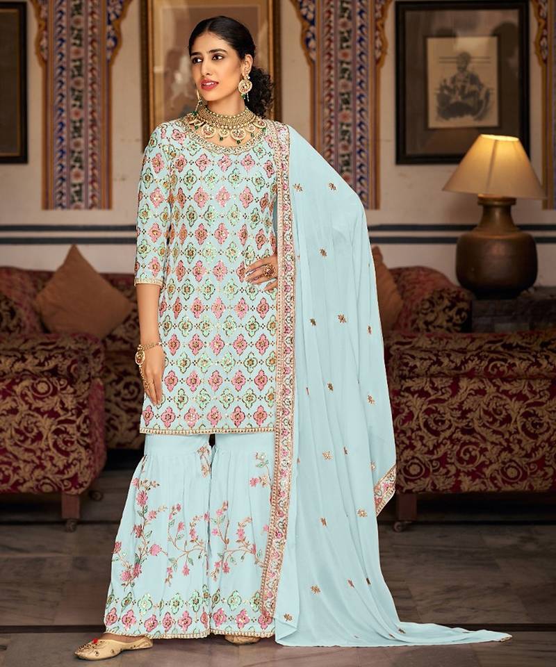 Light blue georgette sequins work semi stitched salwar suits suits size up to 42