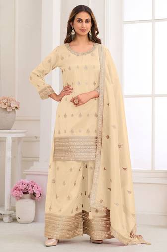 Cream silk blend sequins work salwar suits free size up to 42