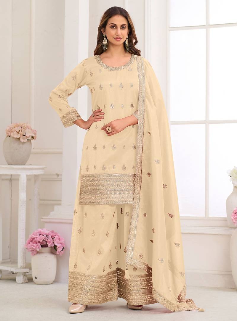 Cream silk blend sequins work salwar suits free size up to 42