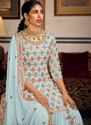 Light blue georgette sequins work semi stitched salwar suits suits size up to 42 2