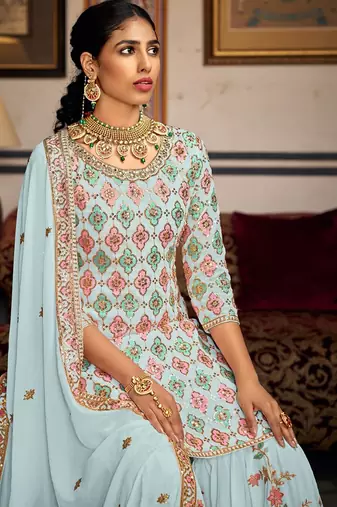 Light blue georgette sequins work semi stitched salwar suits suits size up to 42