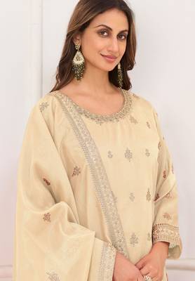 Cream silk blend sequins work salwar suits free size up to 42 2
