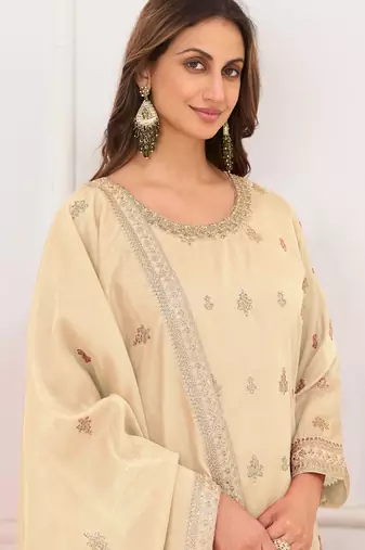 Cream silk blend sequins work salwar suits free size up to 42