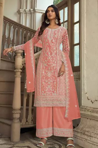 Peach net sequins work semi stitched salwar suits suits size up to 42
