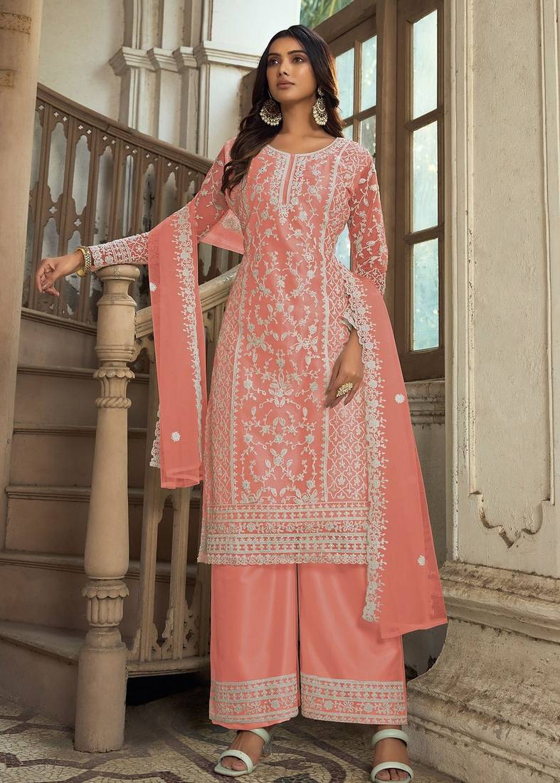 Peach net sequins work semi stitched salwar suits suits size up to 42