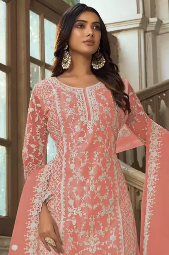 Peach net sequins work semi stitched salwar suits suits size up to 42