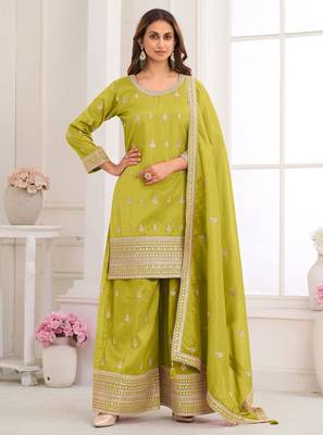 Lime silk blend sequins work salwar suits free size up to 42 1