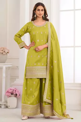 Lime silk blend sequins work salwar suits free size up to 42