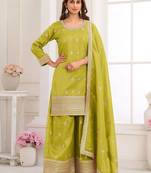 Lime silk blend sequins work salwar suits free size up to 42