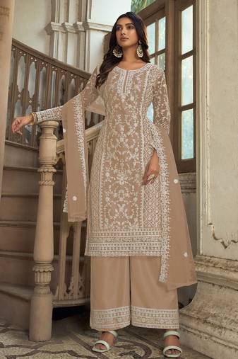 Fawn net sequins work semi stitched salwar suits suits size up to 42