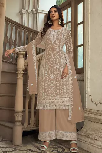 Fawn net sequins work semi stitched salwar suits suits size up to 42