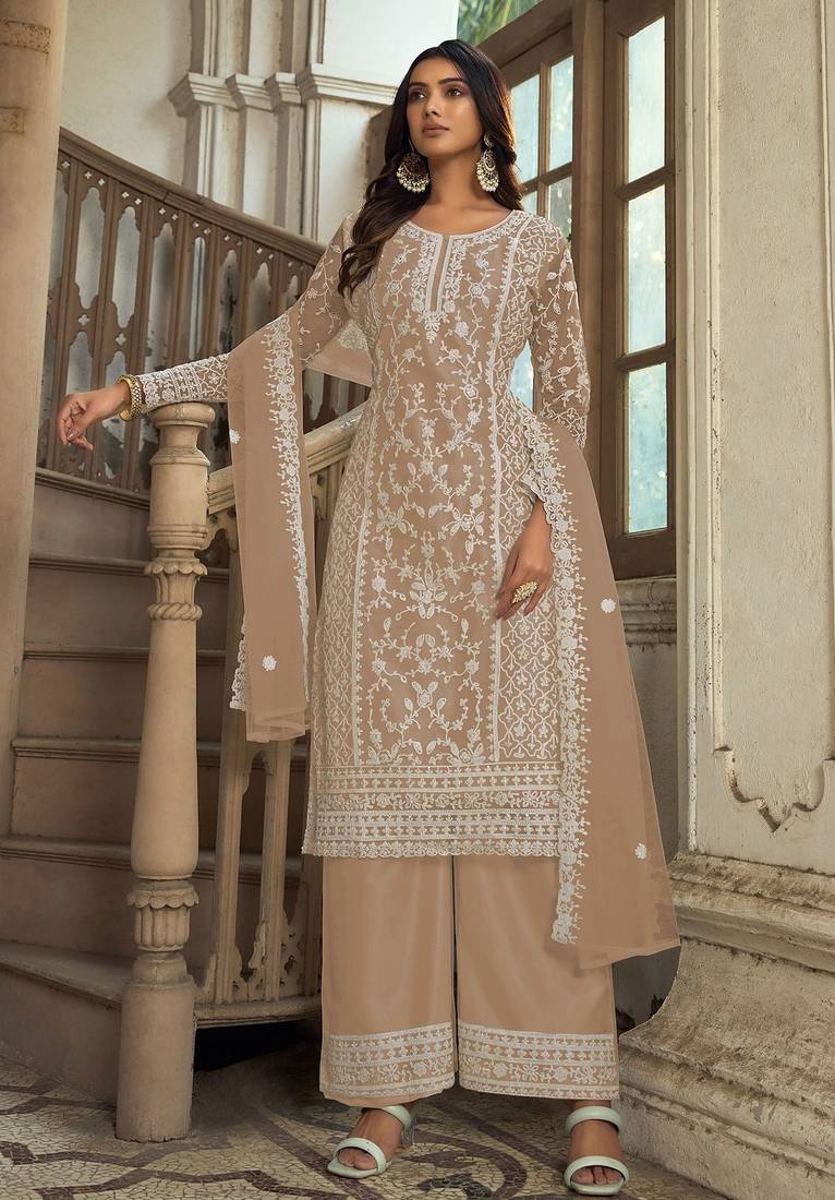 Fawn net sequins work semi stitched salwar suits suits size up to 42