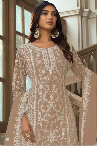 Fawn net sequins work semi stitched salwar suits suits size up to 42