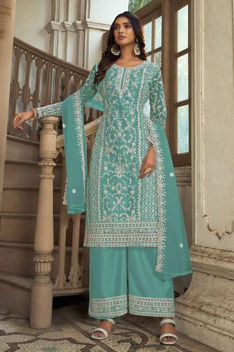 Turquoise net sequins work semi stitched salwar suits suits size up to 42