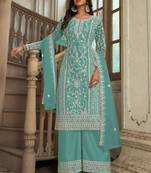 Turquoise net sequins work semi stitched salwar suits suits size up to 42
