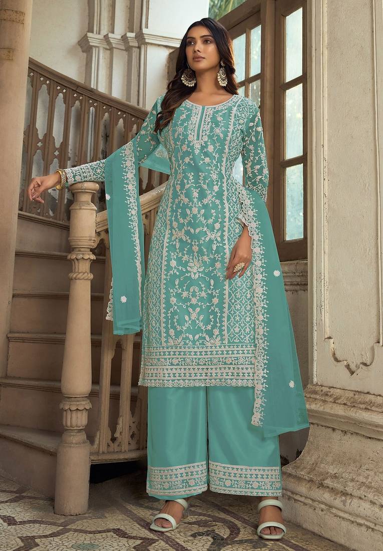 Turquoise net sequins work semi stitched salwar suits suits size up to 42