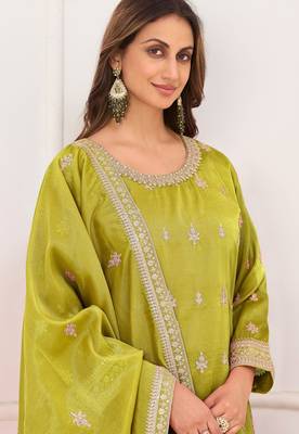 Lime silk blend sequins work salwar suits free size up to 42 2