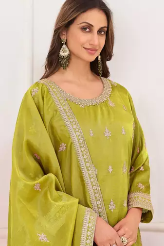 Lime silk blend sequins work salwar suits free size up to 42