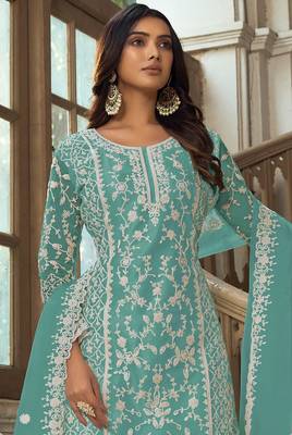 Turquoise net sequins work semi stitched salwar suits suits size up to 42 2