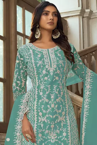 Turquoise net sequins work semi stitched salwar suits suits size up to 42
