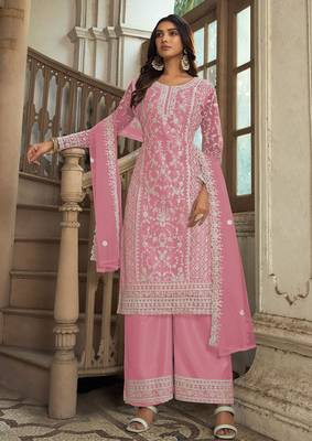 Pink net sequins work semi stitched salwar suits suits size up to 42 1