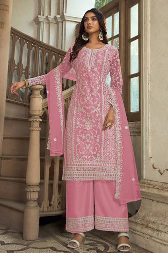 Pink net sequins work semi stitched salwar suits suits size up to 42