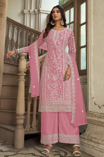 Pink net sequins work semi stitched salwar suits suits size up to 42