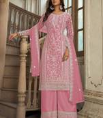 Pink net sequins work semi stitched salwar suits suits size up to 42