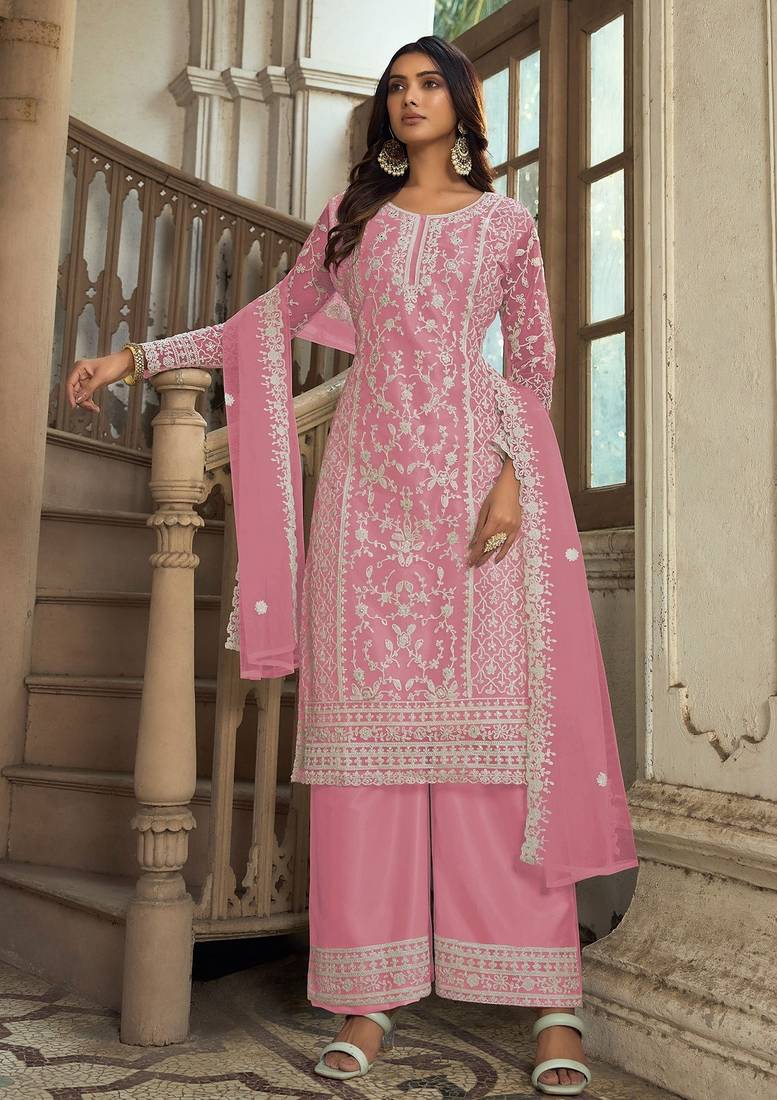 Pink net sequins work semi stitched salwar suits suits size up to 42