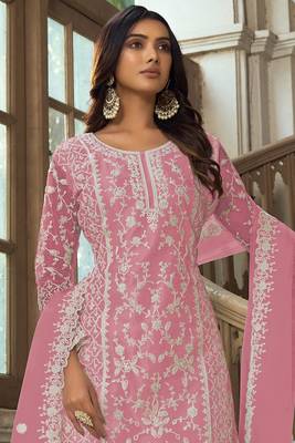 Pink net sequins work semi stitched salwar suits suits size up to 42 2