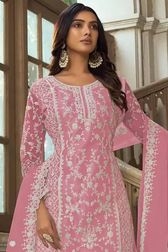 Pink net sequins work semi stitched salwar suits suits size up to 42