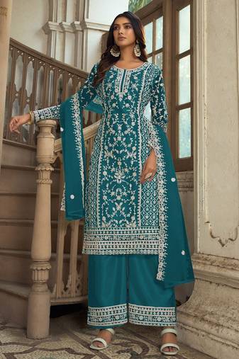Teal green net sequins work semi stitched salwar suits suits size up to 42