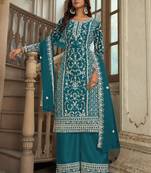 Teal green net sequins work semi stitched salwar suits suits size up to 42